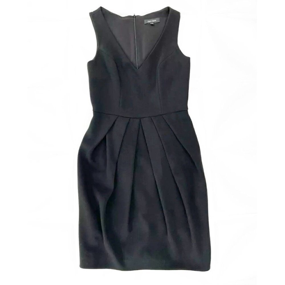 Karen Kane Sz S Black Pleated Ponte Knit Sheath Shift Dress V Neck Sleeveless